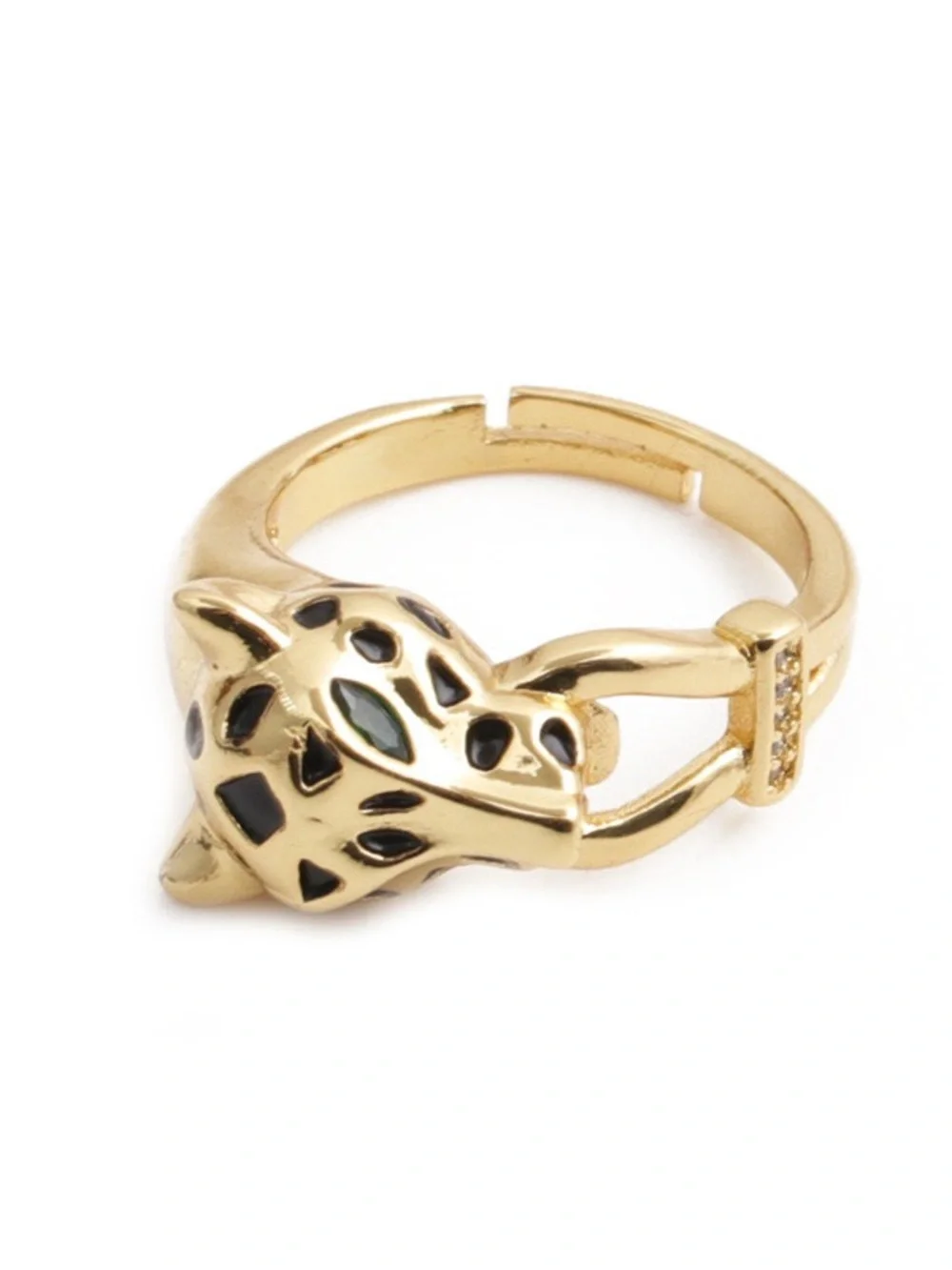 Gold Cat Head Statement Adjustable Ring with Black Enamel Accents